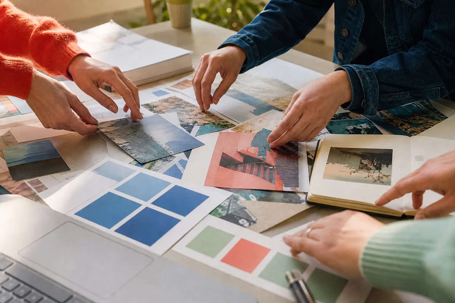 Hands arranging photographs, color swatches, and project materials around a studio table