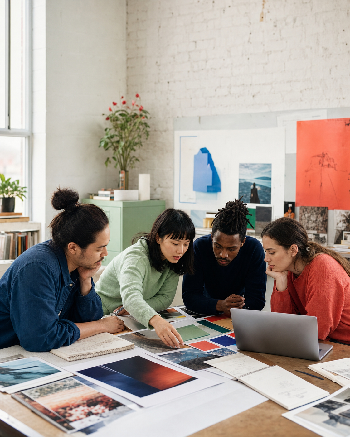 A group reviewing creative work and project materials together