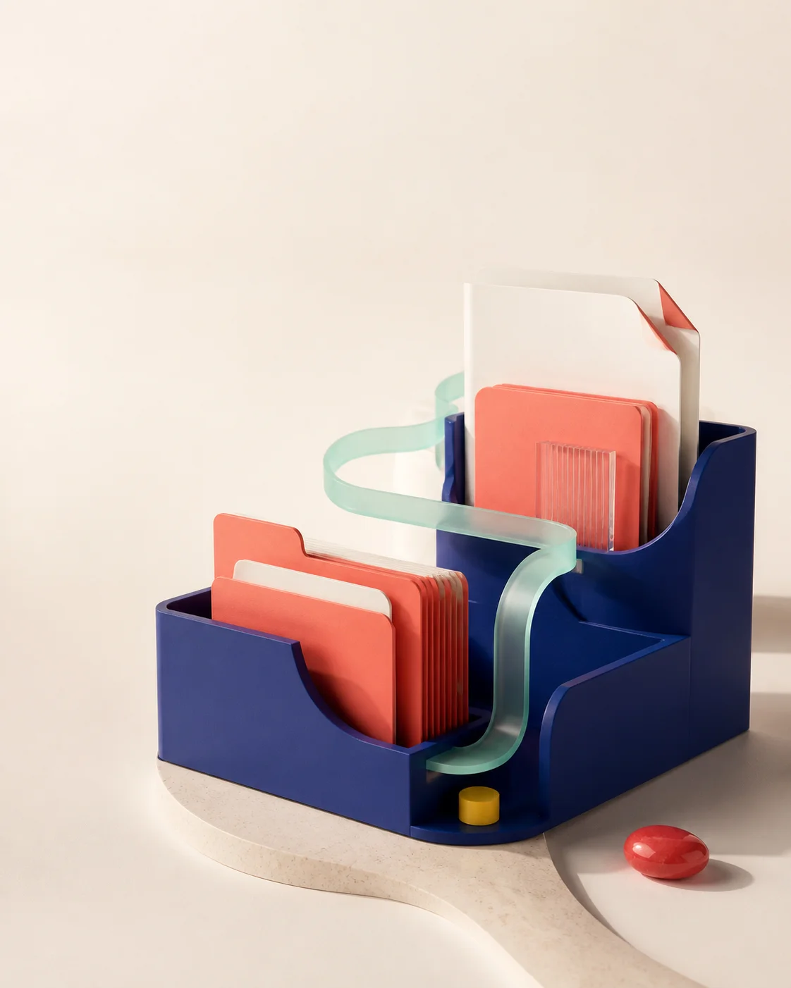 A sculptural file organizer with folders moving through a connected path