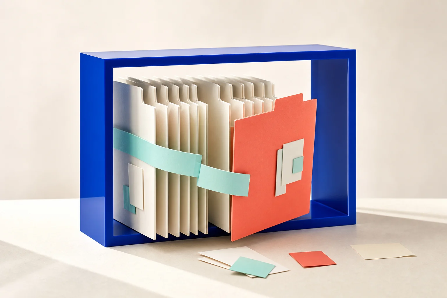 A structured collection of folders held together in a cobalt frame