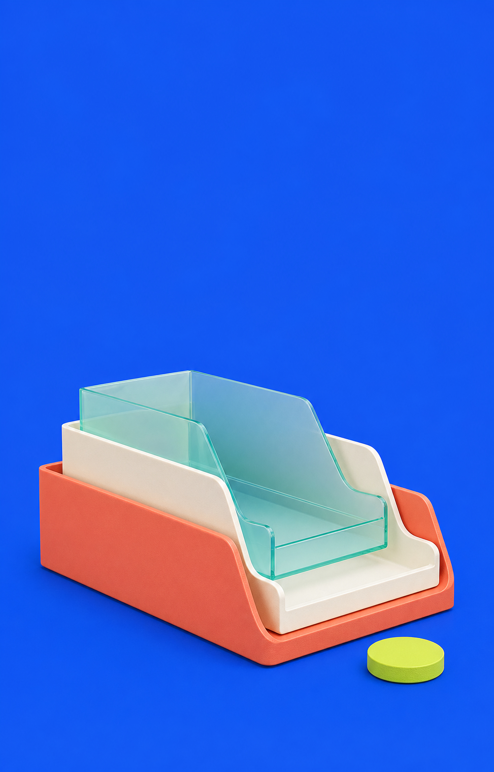 Nested file trays in coral, warm white, and translucent mint