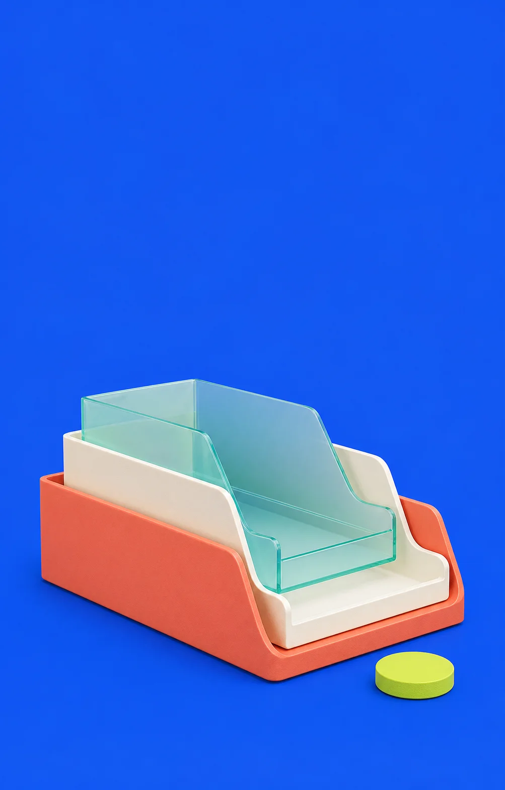 Nested file trays in coral, warm white, and translucent mint